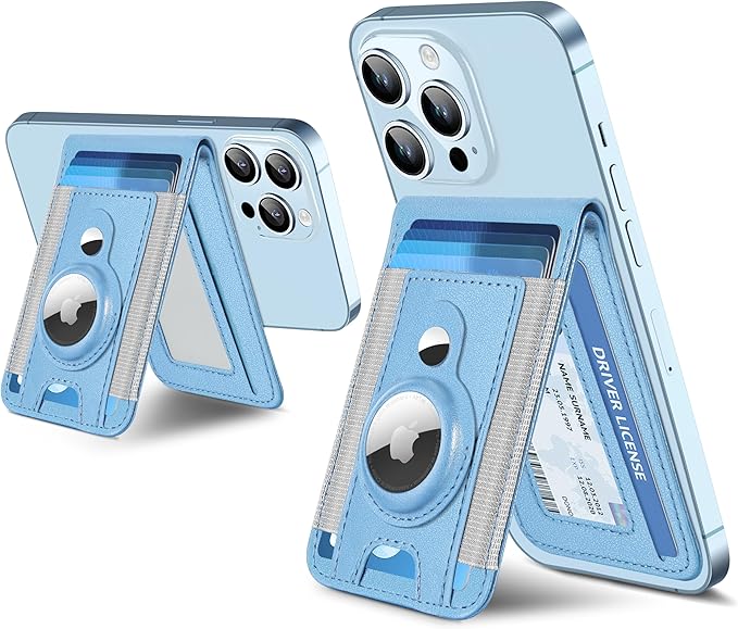 ExtreLife for Magsafe Wallet with Airtag Holder, Magnetic Wallet for iPhone 16/15/14/13/12 Series, 9-Card Holder, Open ID Window, Adjustable Stand, RFID Blocking, Light Sky Blue