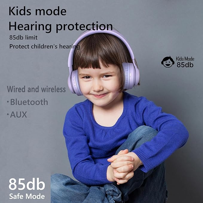 Kids Bluetooth Headphones,85db Volume Limit,Hearing Protection,Wireless Headphones with Mic,Music,Chat,Kids Mode,Normal Mode,Wireless and Wired,LED Light,for Children Adults,Purple