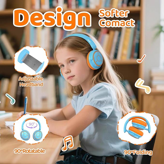 MIDOLA Kids Headphones Bluetooth 5.4 Wireless Volume Limited 85/94dB Hearing Protection Over Ear 68 Hours Playtime Foldable Lightweight Headset Built-in Mic for Toddler Child Travel School Sky Blue