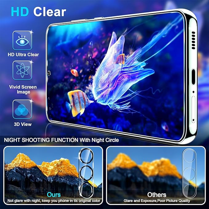3 Pack for Samsung Galaxy S25 Plus Screen Protector Tempered Glass + 3 Pack Camera Lens Protector, Military Grade Shatterproof, 9H Hardness, Fingerprint Unlock, Case Friendly 6.7 Inch