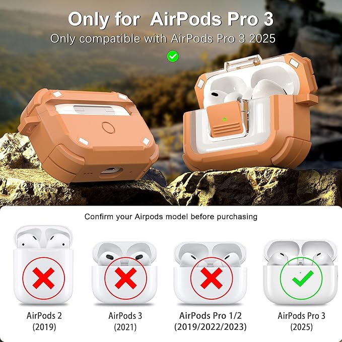 RFUNGUANGO for AirPods Pro 3 Case, Compatible with AirPods Pro 3 Generation Case (2025), Compatible with MagSafe, Magnetic Automatic Lock with Cleaner Kit and Keychain, Front LED Visible, Brown