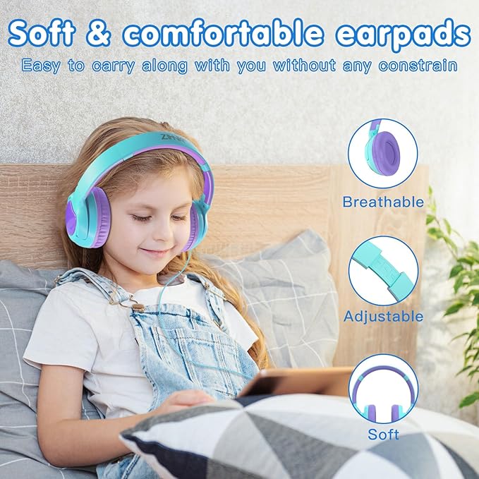 ZIHNIC Wired Kids Headphones, Safe 85dB Volume Limit for Boys & Girls, Comfortable Earpads, Foldable Design for School, Tablets, and Travel-CAYN