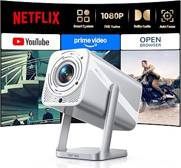 Smart Projector [Built-in Apps/4K Support/2026 Upgraded] with WiFi and Bluetooth, Native 1080P Outdoor Movie Projector, Auto Focus, Dolby Audio, TOPTRO Mini Portable Proyector w/ YouTube/Prime Video