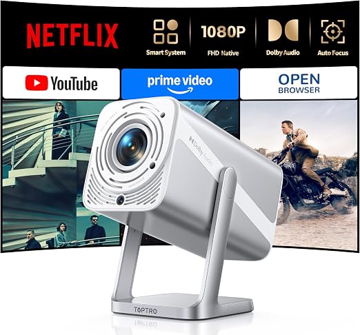 Smart Projector [Built-in Apps/4K Support/2026 Upgraded] with WiFi and Bluetooth, Native 1080P Outdoor Movie Projector, Auto Focus, Dolby Audio, TOPTRO Mini Portable Proyector w/ YouTube/Prime Video