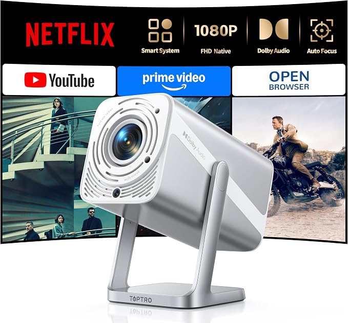 Smart Projector [Built-in Apps/4K Support/2026 Upgraded] with WiFi and Bluetooth, Native 1080P Outdoor Movie Projector, Auto Focus, Dolby Audio, TOPTRO Mini Portable Proyector w/ YouTube/Prime Video