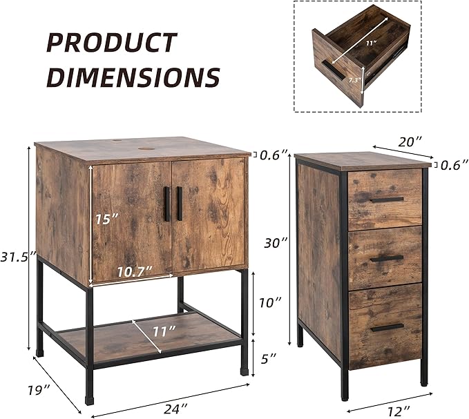 eclife 48" Bathroom Vanity Sink Combo Modern Metal Stand Cabinet W/Bottom Shelf & Storage Side Cabinets White Rectangle Vessel Sink & Water Save Faucet & Pop Up Drain, Rustic Brown (T03)