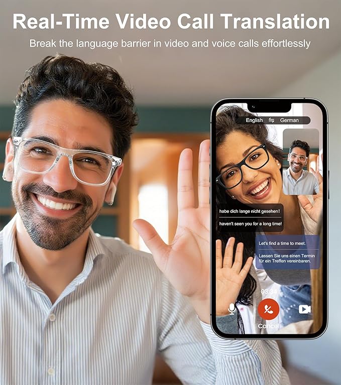 AI Smart Glasses, Multifunctional Bluetooth Glasses for Men & Women, 116 Languages & Accents Translator Device, Blue Light Filter & Polarized UV Protection Lenses Translation Glasses, White