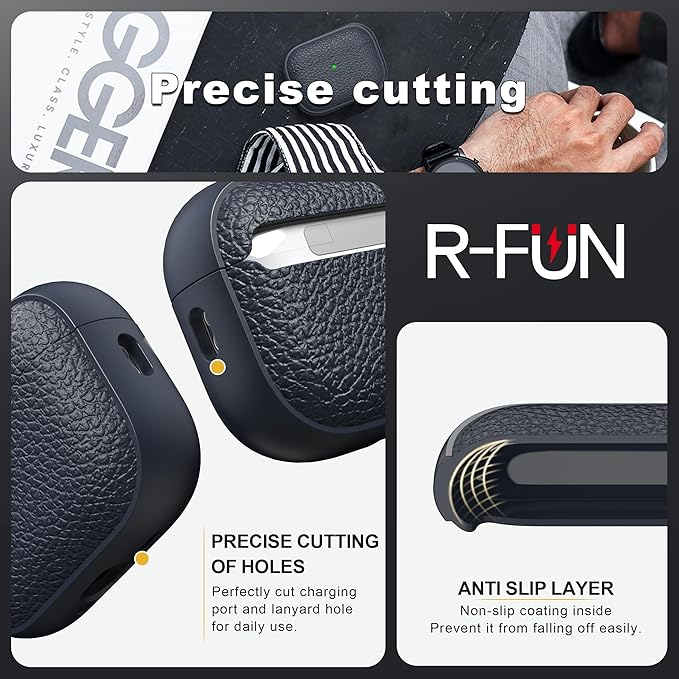 R-fun for AirPods Pro 3 Case 2025, Soft TPU (Leather-Like Design) Drop Protection Cover for Men and Women with Lanyard and Cleaner Kit, Compatible with Apple AirPods Pro 3rd Generation-Blue