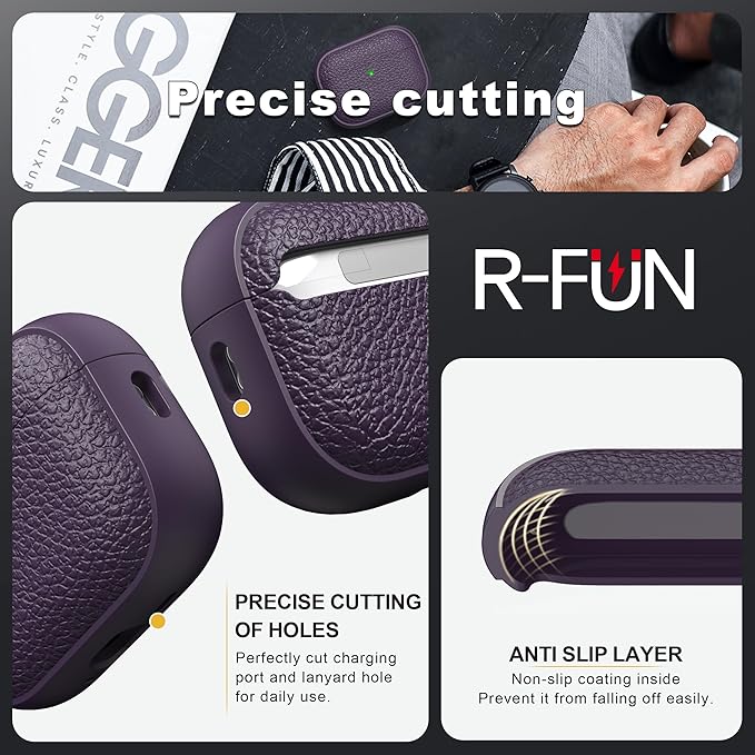 R-fun for Airpods Pro3 Case, Soft TPU (Leather-Like Design) Drop Protection Cover for Men and Women with Lanyard and Cleaner Kit, Compatible with Apple Latest Airpods Pro3 Generation-Purple