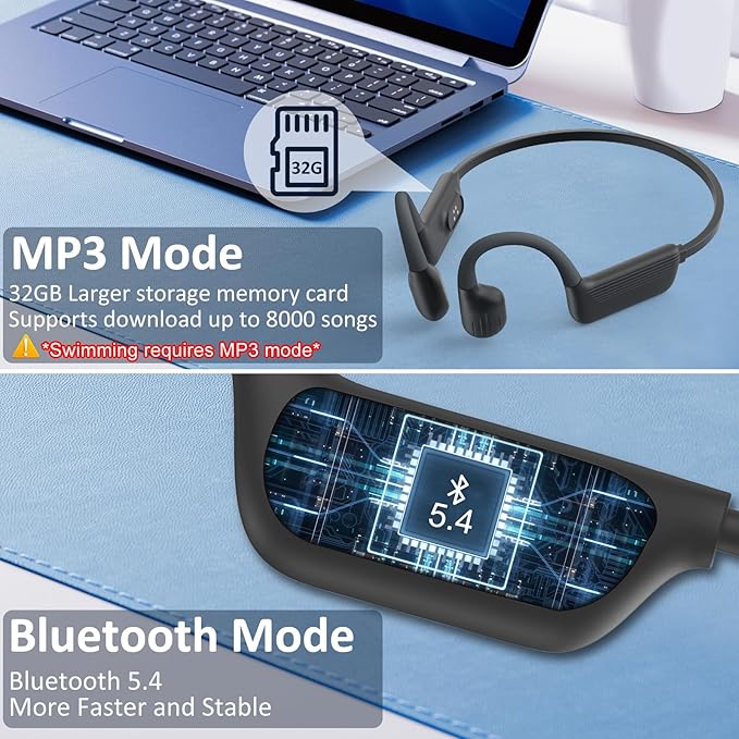 Swimming Headphones-Bone Conduction Headphones, IP68 Waterproof Open Earphones, LiteSurge Bluetooth 5.4 Underwater Sport Earbuds with 32 GB MP3 Memory for Swimming, Marathon-Inky Black