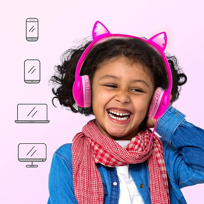Olyre Kids Headphones with Sharing Port, Safe 85db Volume Control Light Up Cat Ear Headphones for Tablets/E-Readers, Wired Children Headphones with Microphone for School Learning Travel - Rose