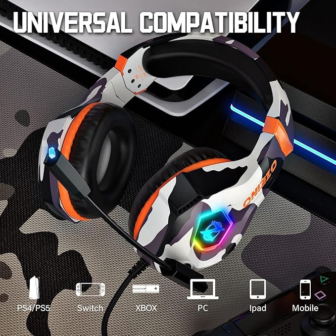 Ozeino Gaming Headset for PC, Ps4, Ps5, Xbox Headset with 7.1 Surround Sound, Gaming Headphones with Noise Cancelling Mic RGB Light Over Ear Headphones for Xbox Series X/S, Switch-Camo