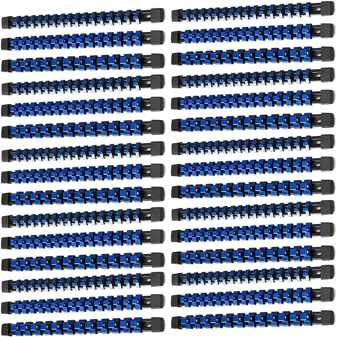 ALOANES 30PC ABS Socket Organizer, Socket Rails Fit 1/2 inch, 3/8 inch and 1/4 inch Drive, Heavy Duty Socket Holders Hold up to 430 Sockets, Black Rails with Blue Clips