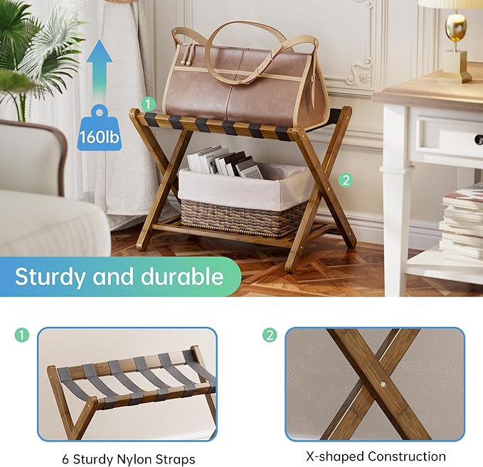 SMIBUY Luggage Rack, Foldable Bamboo Suitcase Stand with Storage Shelf for Guest Room, Bedroom, Hotel, Heavy-Duty, 1 Pack (Walnut)