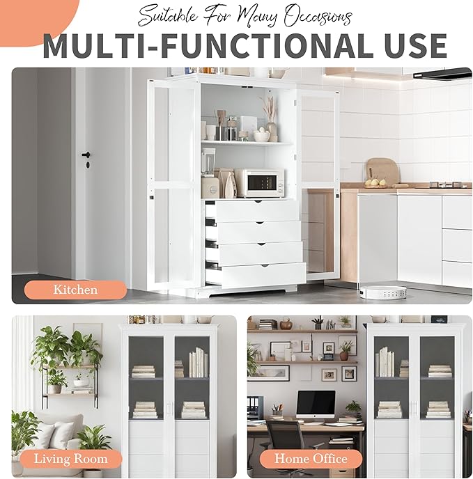 Kitchen Pantry Cabinet 44.7Wx20Dx75H inch, Freestanding Storage Display Cabinets with Glass Doors and 4 Built-in Drawers for Living Room, Home Office,White
