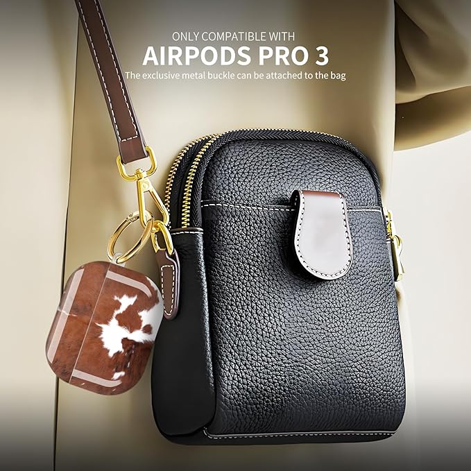 Compatible with AirPod Pro 3 (2025),Cute Case Cover for Women & Men, Full Protection Shockproof Hard Case with Keychain, Wireless Charging Case Accessories(Cow Hide)