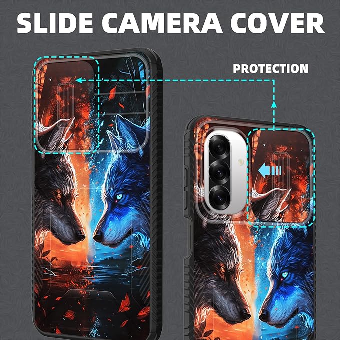 for Galaxy A17 5G Case Built in Slide Camera Lens Cover,Heavy Duty Shockproof Protection Dual Layer Case for Samsung Galaxy A17 5G 6.7" 2025,Cool Wolf