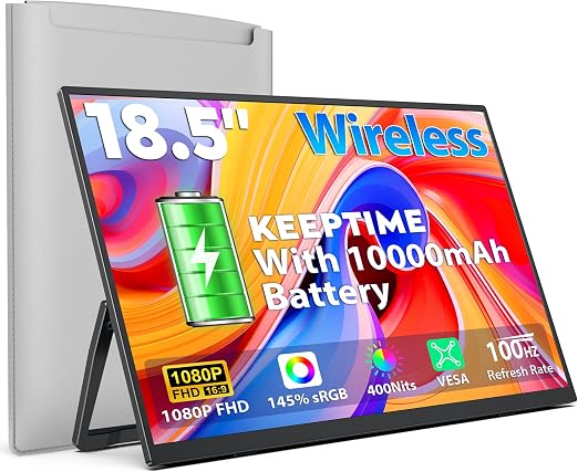 KEEPTIME Wireless Portable Monitor with Battery 10000mAh, 18.5" 100Hz 1080P