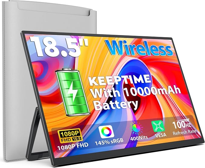 KEEPTIME Wireless Portable Monitor with Battery 10000mAh, 18.5" 100Hz 1080P
