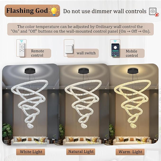 Flashing God Modern 6 Ring Crystal Chandeliers for High Ceiling Large Foyer Chandeliers LED Dimmable Crystal Ceiling Light Fixtures for Entryway Living Room Staircase Black