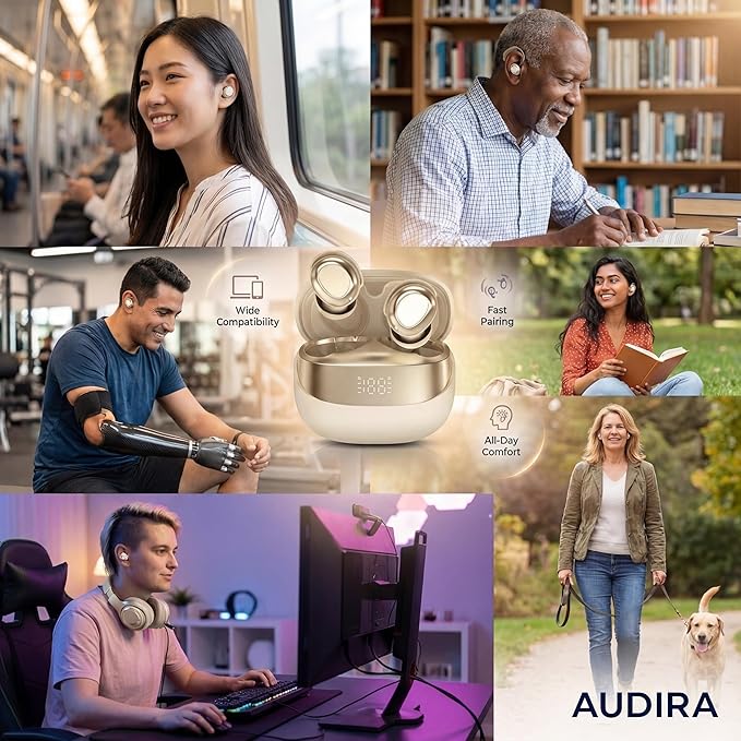 AUDIRA Mini Wireless Sleep Earbuds for Side Sleepers, Bluetooth 5.4 in-Ear Ear Buds with Noise Cancelling, IPX4 Waterproof Headphones, Touch Control, Digital Display Charging Case – Biege