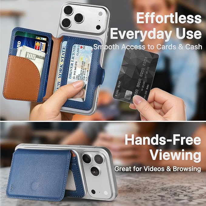 for MagSafe Wallet, Magnetic Phone Wallet RFID Blocking, Slim 5-8 Card Holder with Cash Slot & Clear ID Window, Minimalist Mag Safe Wallets for iPhone 17/16/15/14/13/12 Series, Navy Blue