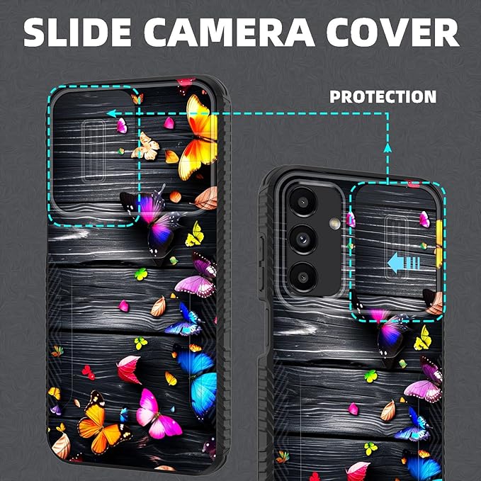 for Galaxy A15 5G Case Built in Slide Camera Lens Cover,Heavy Duty Shockproof Protection Dual Layer Case for Samsung Galaxy A15 5G 6.5 inch 2024,Colorful Butterflies on Wooden