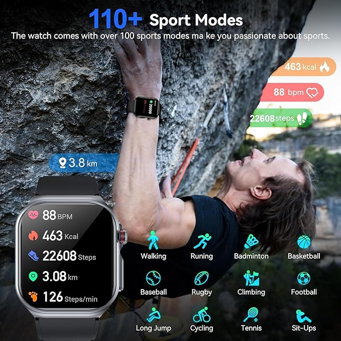 Health Smart Watches for Men Women - 1.87'' Large Display Fitness Trackers Watch with Heart Rate, Blood Pressure, Blood Oxygen, Sleep & Stress Track, 110+ Sports Modes, IP68 Waterproof Watch,Black