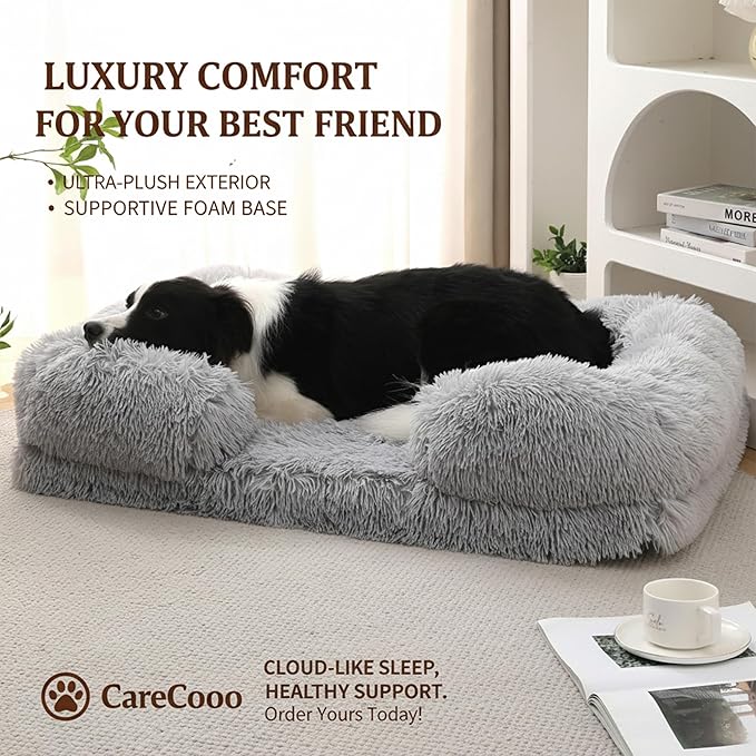 Orthopedic Dog Bed for Medium Dogs - Washable Memory Foam Pet Sofa, Fluffy Plush Rectangular Bed, Waterproof Anti-Anxiety Couch, Light Gray, M