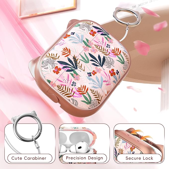 for AirPods Pro 2 Case with Cleaning Kit, Cute Cat Ear Print Design & Cute Buckle for Girls, Phone Holder & Top Safe Lock Buckle Design for AirPods Pro 2nd/1st Gen case, Rose Gold Leaves