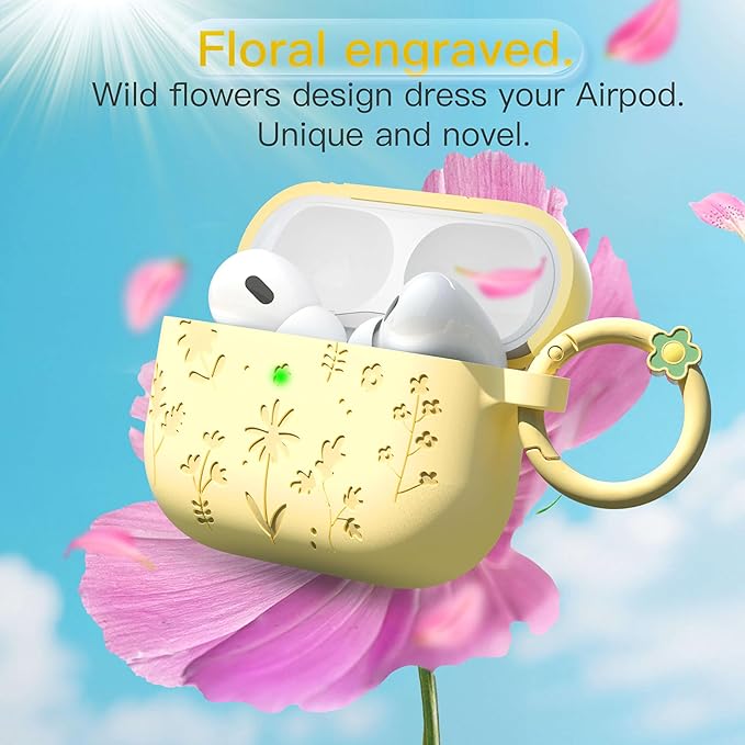 for AirPods Pro 3 Case (2025) DamonLight Floral Engraved Shockproof Protective Soft Silicone Case Cover with Cleaning Pen and Floral Keychain for Apple Airpods Pro 3rd Generation (Yellow)
