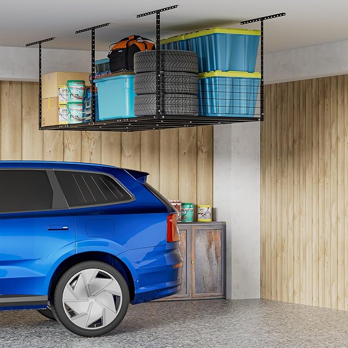 3 x 8FT Overhead Garage Storage Rack,Adjustable Ceiling Storage Racks,Garage Shelving Heavy Duty Storage Organizer System With Sidebar,Load 600LBS Weight
