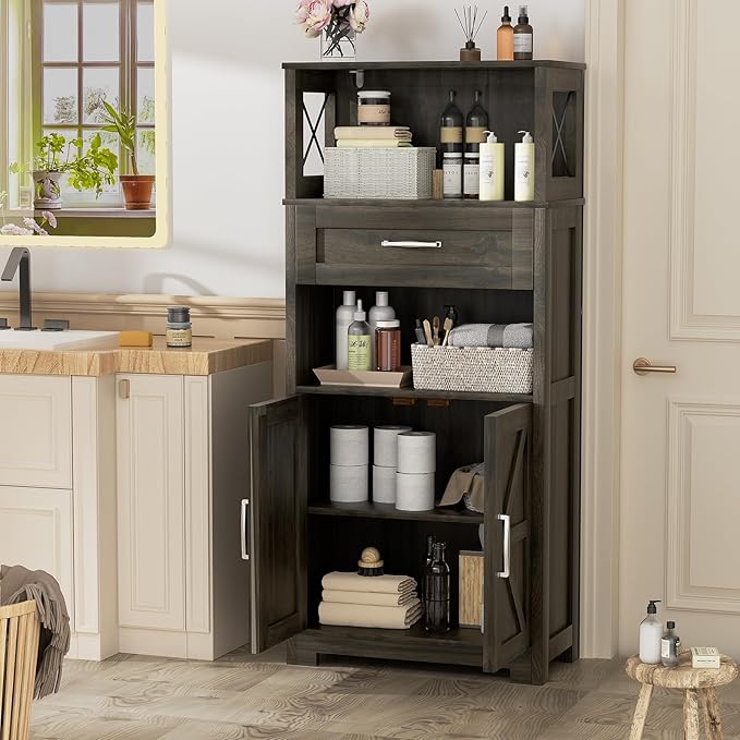 55" Tall Kitchen Pantry Cabient with 2 Microwave Stands, Farmhouse Pantry Storage Cabinet with Barn Doors and Large Drawer, Rustic Freestanding Cupboard for Kitchen and Dining Room (Dark Grey)