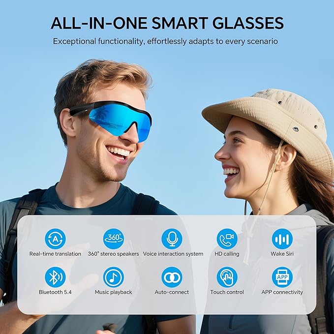 Smart Glasses, Bluetooth 5.4 Translation Glasses with 160 Language, UV Protection,Unisex, Support Wireless Music, Siri Call, Compatible with iOS/Android. Support Phone/Table PC, Lightweight Design
