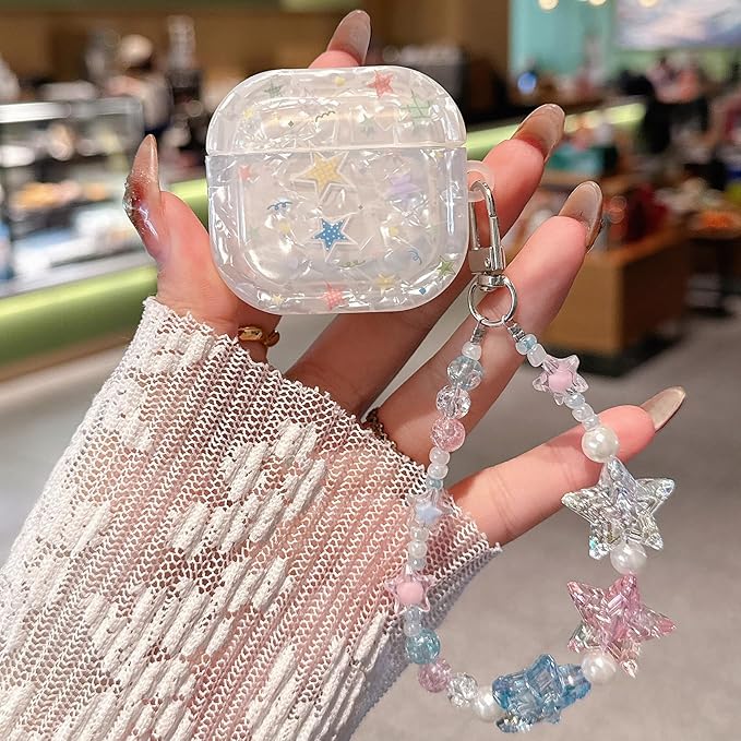for AirPod 4 Case Cute Dream Shell Pearl Shockproof Protective Cover with Strap Keychain Compatible for AirPods 4th Generation for Women Girls (Colored Stars)