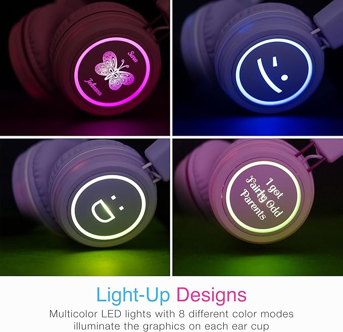 MEE audio KidJamz KJ55BT Personalized Bluetooth Wireless Safe Listening Headphones for Kids w/Custom LED-Backlit Design, Volume Limiter, Mic; Kids Headset for School/iPhone/iPad/Tablet (Pink)