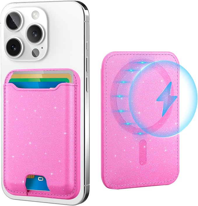 TopMade for Magsafe Wallet, Sparkle Magnetic Card Holder for iPhone 17, iPhone 16/15/14/13/12 Series, Leather Magnetic Phone Wallet with Powerful Magnet, RFID Blocking, Fit 4 Cards, Glitter Pink