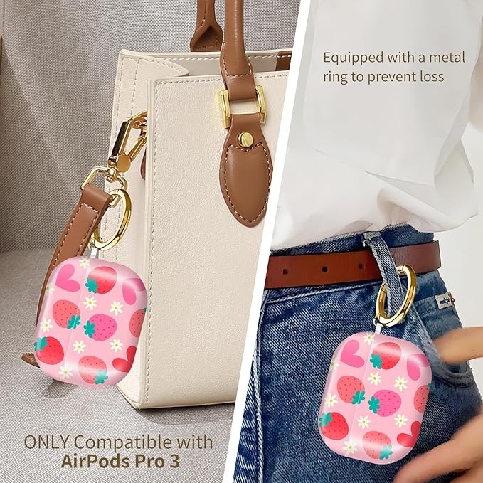 AirPod Pro 3 (2025) Case Cover for Women, Cute Shockproof TPU Protective Case with Gold Round Buckle, Anti-Drop Design Cute Strawberry