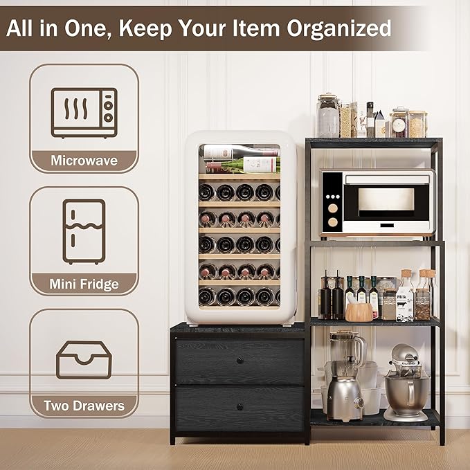 Mini Fridge Stand with Storage, Microwave and mini Fridge Stand with Power Outlet, Coffee Bar,Kitchen Baker,for Dorm,Office(Black)