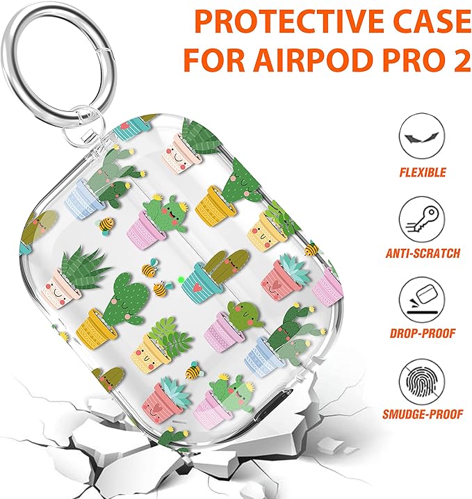 Maxjoy for AirPods Pro 2nd Generation Case, Clear AirPods Pro 2 Case for Women Men Cute Soft AirPod Pro 2 Cover with Keychain Strap for AirPod Pro 2nd Gen Cover 2023/2022, Cactus