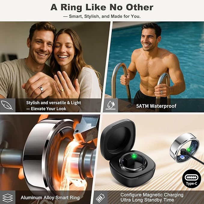 Smart Ring for Women Men, Fashion Minimalist Fitness Ring & Sleep Tracker Ring with Heart Rate, Blood Pressure,5ATM Waterproof Health Ring,Gifts for Women Men Gift,No Subscription (Silver,9)