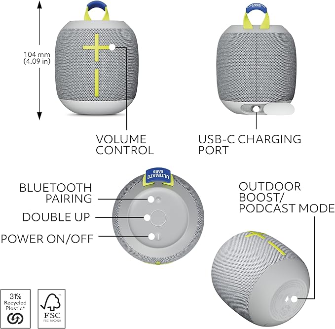 Ultimate Ears WONDERBOOM 4 Portable Waterproof Bluetooth Speaker with Big Bass and 360-Degree Sound, Dustproof Floating Speaker with 131ft (40m) Range - Gray