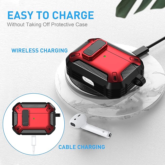 Maxjoy for AirPods Pro Case Cover with Lock, AirPods Pro 1st Generation Case for Men Military Rugged Protective Cover with Keychain Compatible with Apple AirPod Pros 2019 Front LED Visible, Red Camo