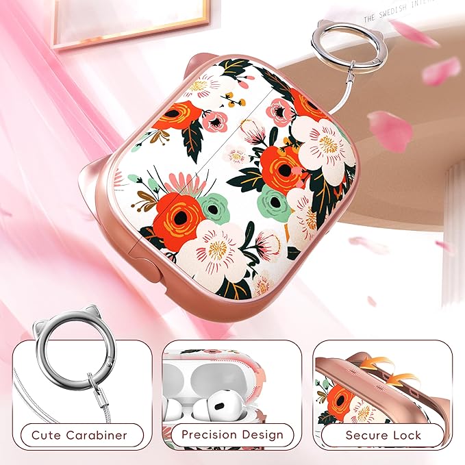 for AirPods Pro 2 Case with Cleaning Kit, Cute Cat Ear Print Design & Cute Buckle for Girls, Phone Holder & Top Safe Lock Buckle Design for AirPods Pro 2nd/1st Gen case, Rose Gold Flower