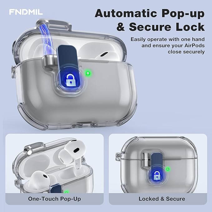 Clear Case for AirPods Pro 2 Case Cover with Lock Safety&Pop Up [Military Shockproof]Anti-Yellow Transparent Wireless Charging for AirPods Pro 2nd/1st Generation Case with Keychain,Clear Black