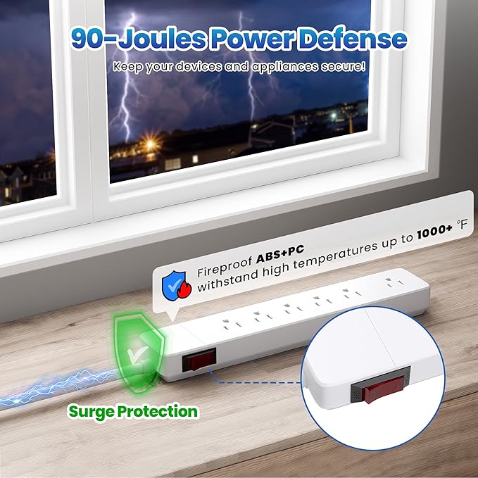 Elecan 3 Prong Power Strip with 4 FT Extension Cord, 5 AC Outlets+1 Widely Spaced Outlet, Space Saving 45 Degree Flat Plug, 14AWG 1875W 125V 15A, Wall Mountable Multi Outlet Extender, ETL, White