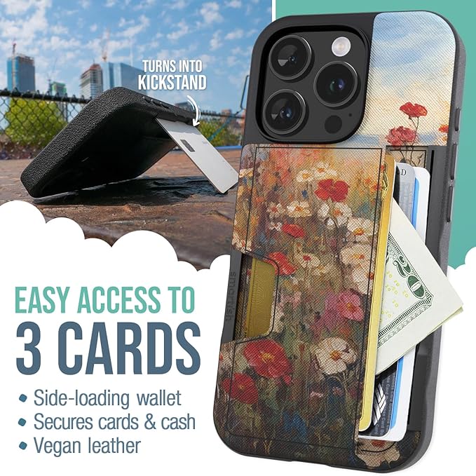 Smartish® iPhone 16 Pro Wallet Case - Wallet Slayer Vol. 2 [Slim + Protective] Credit Card Holder w/Kickstand - Drop Tested Hidden Card Slot Cover Compatible w/Apple iPhone 16 Pro - Wildflower Fields