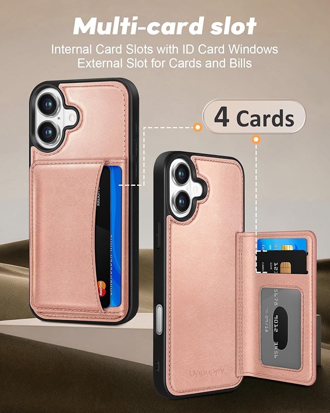 for iPhone 16 Wallet Case - Fits 4 Card Slots, Compatible with MagSafe for Women Aesthetic Durable PU Leather Credit Card Holder Kickstand Phone Cover for Apple 16, Rose Gold