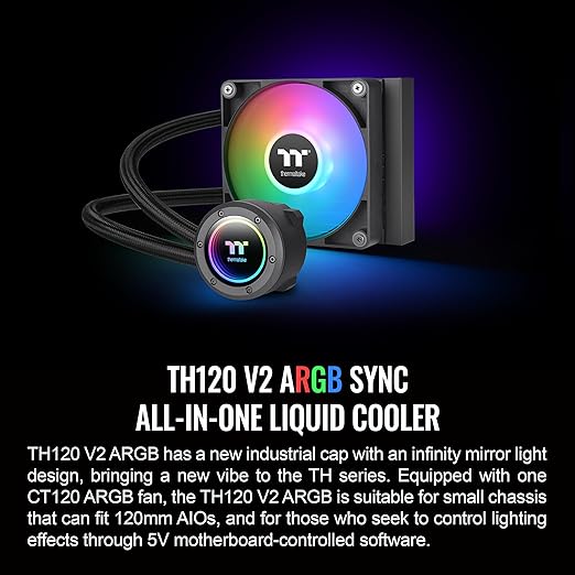 Thermaltake TH120 ARGB Sync V2 CPU Liquid Cooler/AlO Liquid Cooling/Fan 120mm*1/PWM 500~2000 RPM/Mirror Waterblock/MB ARGB Sync Control, CL-W360-PL12SW-A , Black