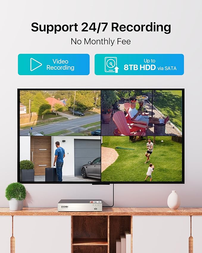 ZOSI 3K Lite 8CH Home Security Camera System Outdoor,8Channel CCTV DVR,8pcs 1080p Weatherproof Surveillance Bullet Dome Cameras,Night Vision,AI Human/Vehicle Detection,Remote Access(No Hard Drive)
